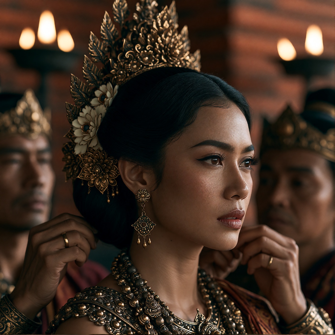 oum4saga,  close-up profile of a woman moments before a Majapahit royal ceremony,  attendants softly blurred behind her ad...