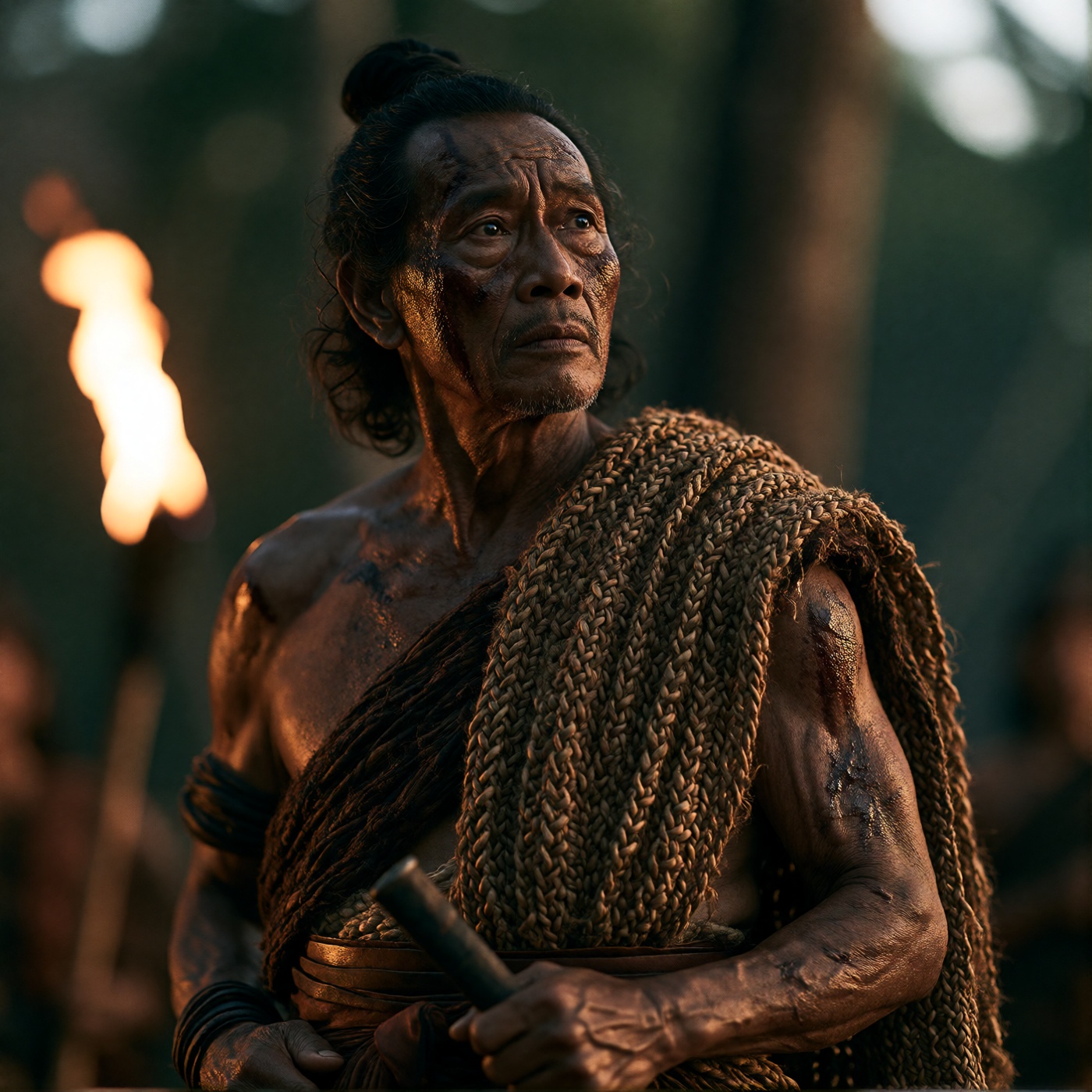 oum4saga,  A weathered man with dark,  tied-back hair and a scarred face gazes upward on Tensor.Art