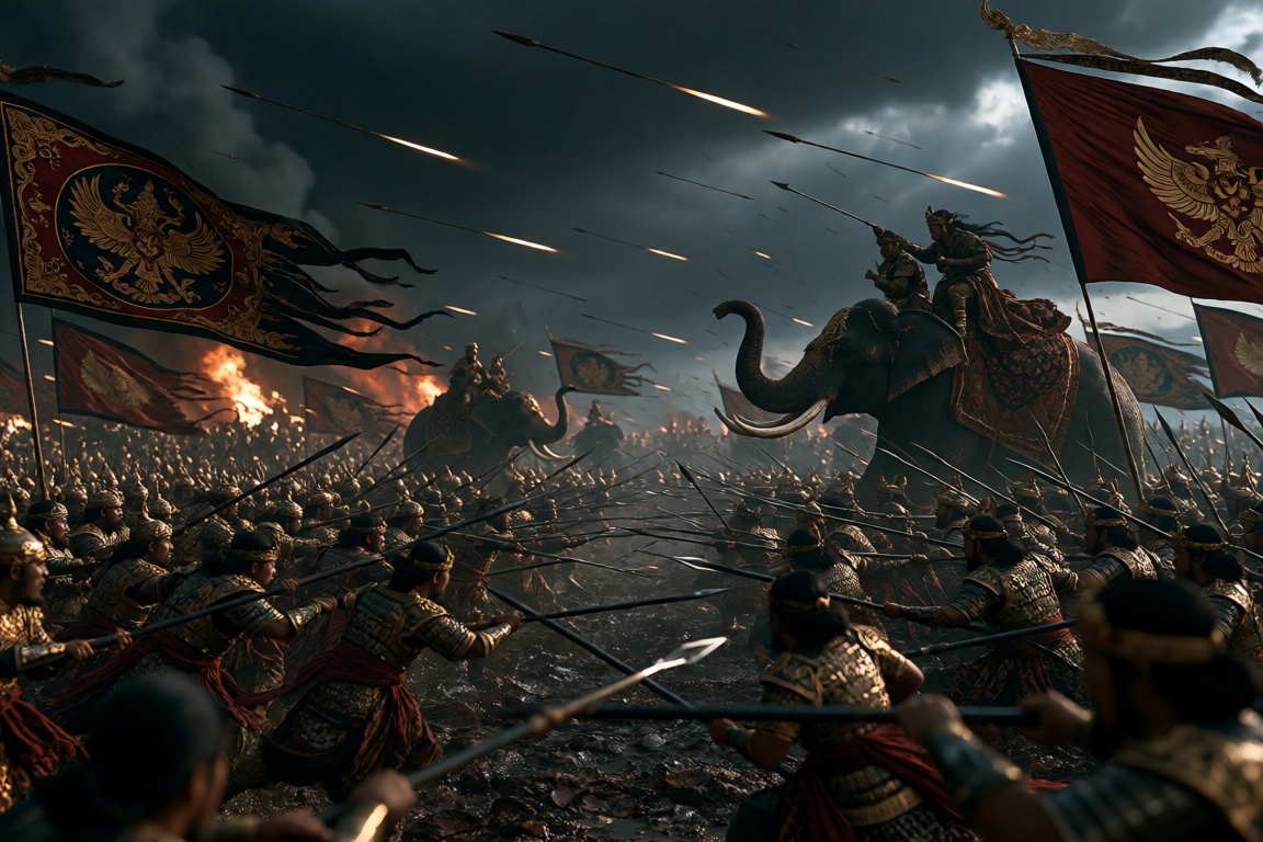 an intense and cinematic battle scene between Ken Arok’s Singhasari warriors and Kediri’s royal army,  thousands of Javane...