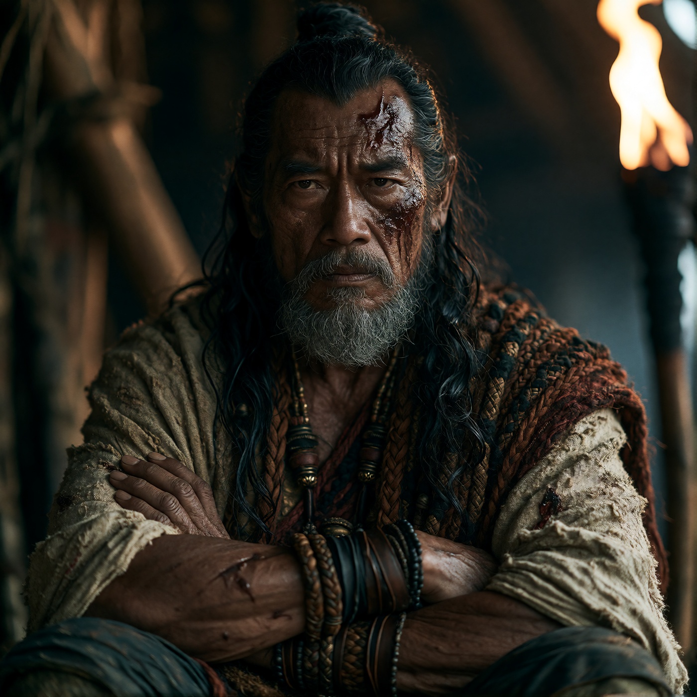 oum4saga,  A weathered man with long,  dark on Tensor.Art