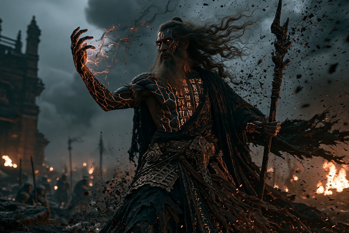oum4saga,  ashen warlock standing in a ruined battlefield,  cracked obsidian skin glowing with molten veins beneath on Ten...