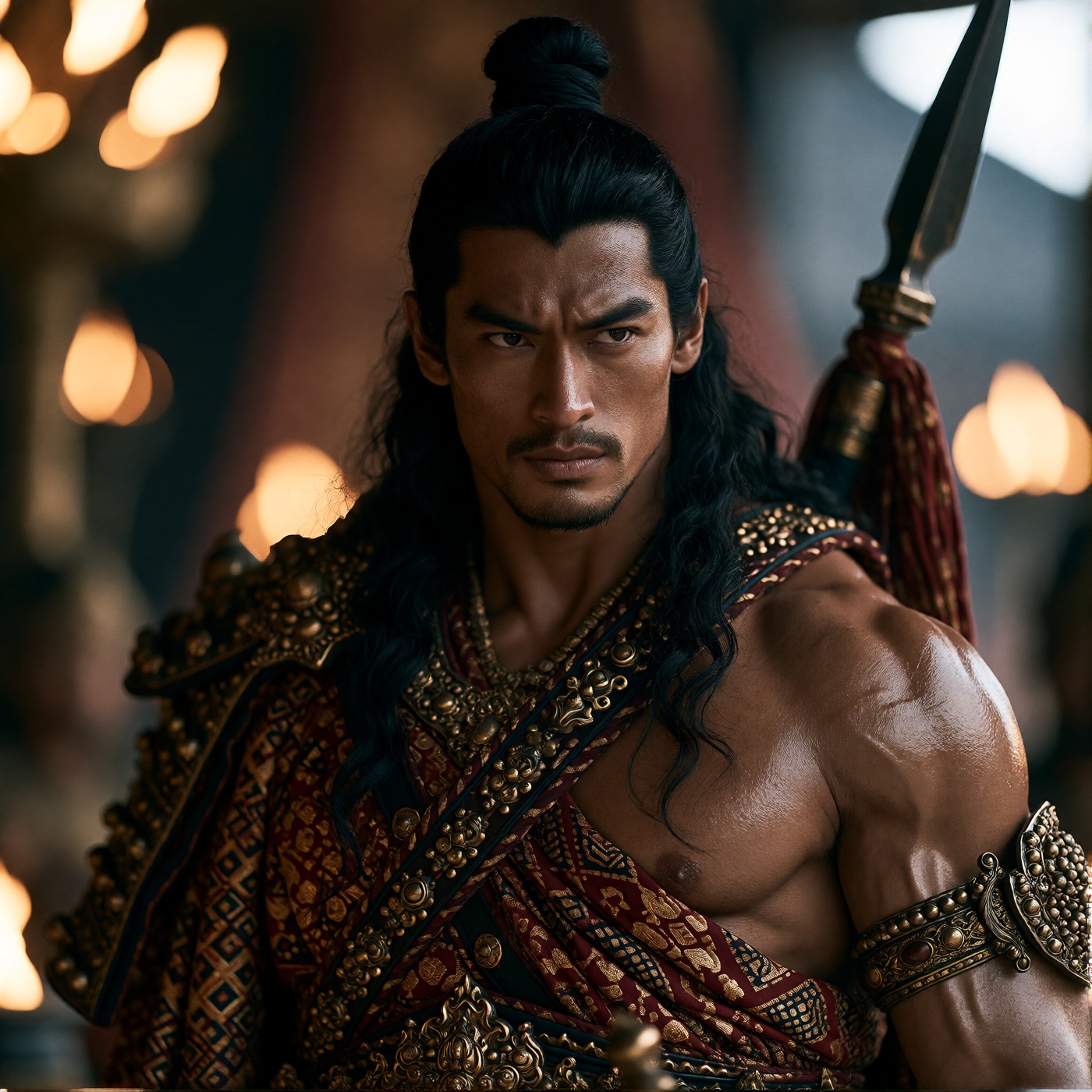 oum4saga,  A muscular figure with long,  dark hair tied in a topknot stands center-frame on Tensor.Art