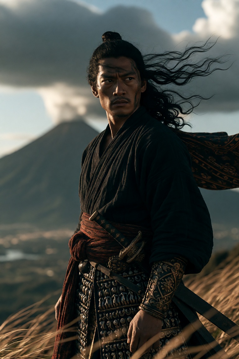 oum4saga,  SAKA standing on a windswept ridge,  dark Majapahit warrior garments on Tensor.Art