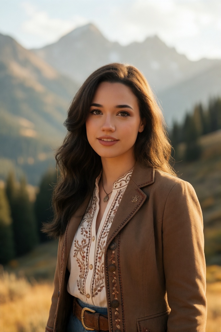 Professional editorial portrait photograph captured in a breathtaking mountainous landscape during golden-hour daylight. T...