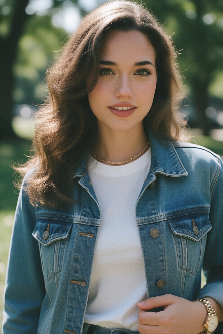 Professional editorial portrait photograph taken during an outdoor photoshoot in a park. Captured with a full-frame camera...