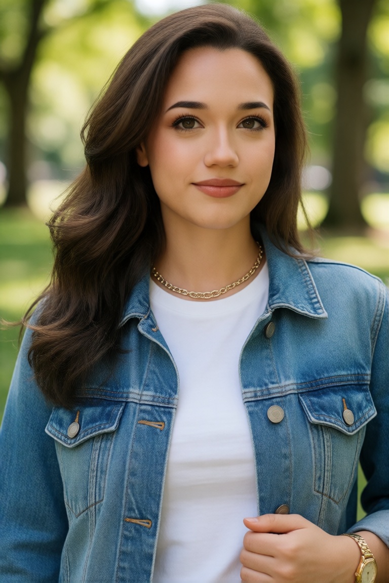 Professional editorial portrait photograph taken during an outdoor photoshoot in a park. Captured with a full-frame camera...