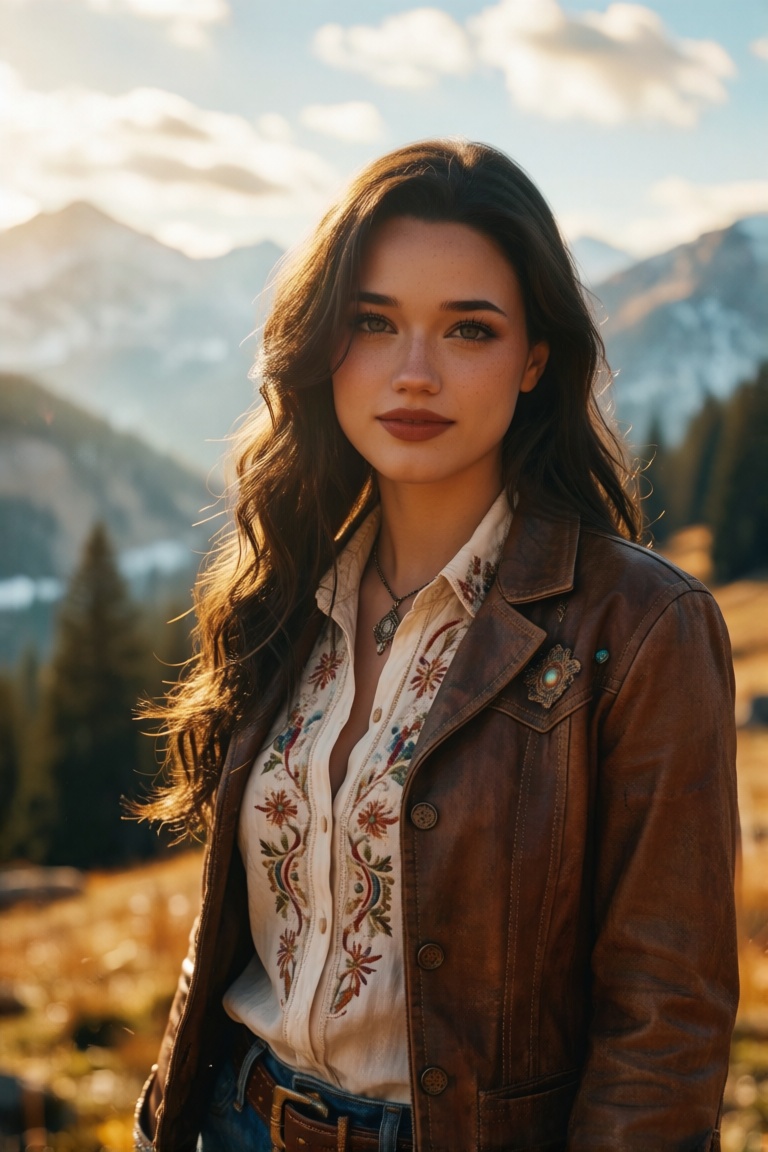 A hyper-detailed digital artwork captures a striking young woman standing naturally in a breathtaking mountainous landscap...