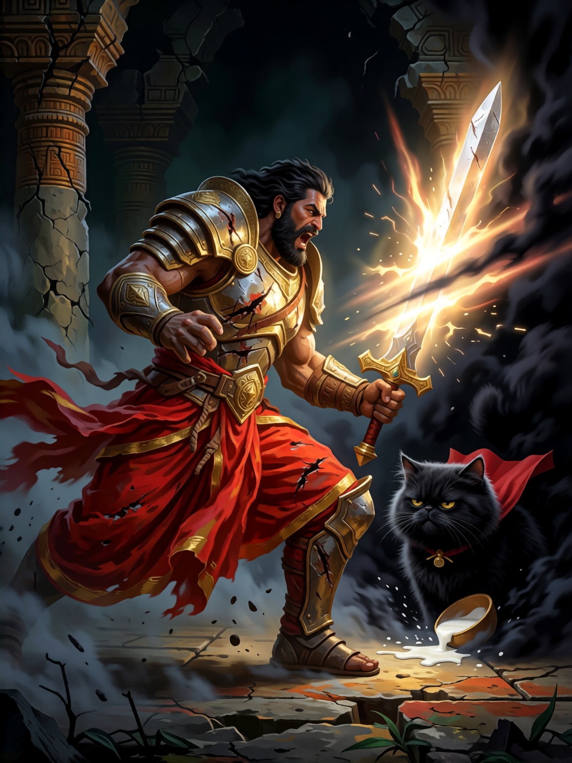 A muscular Hindu warrior clad in ornate,  battle-scarred golden armor and a flowing crimson dhoti,  facing right in a dyna...