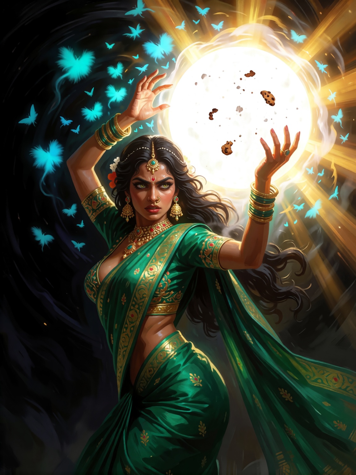A beautiful sultry Hindu woman wearing a form-fitting emerald green sari and a deep-cut gold embroidered blouse,  facing l...