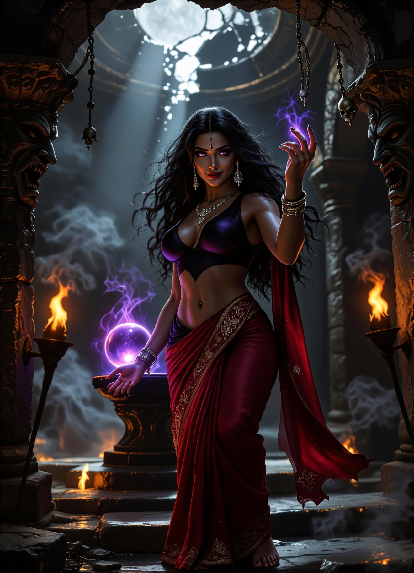 Photorealistic,  low-angle medium shot from the base of crumbling stone steps,  looking up at a beautiful sultry Hindu pri...