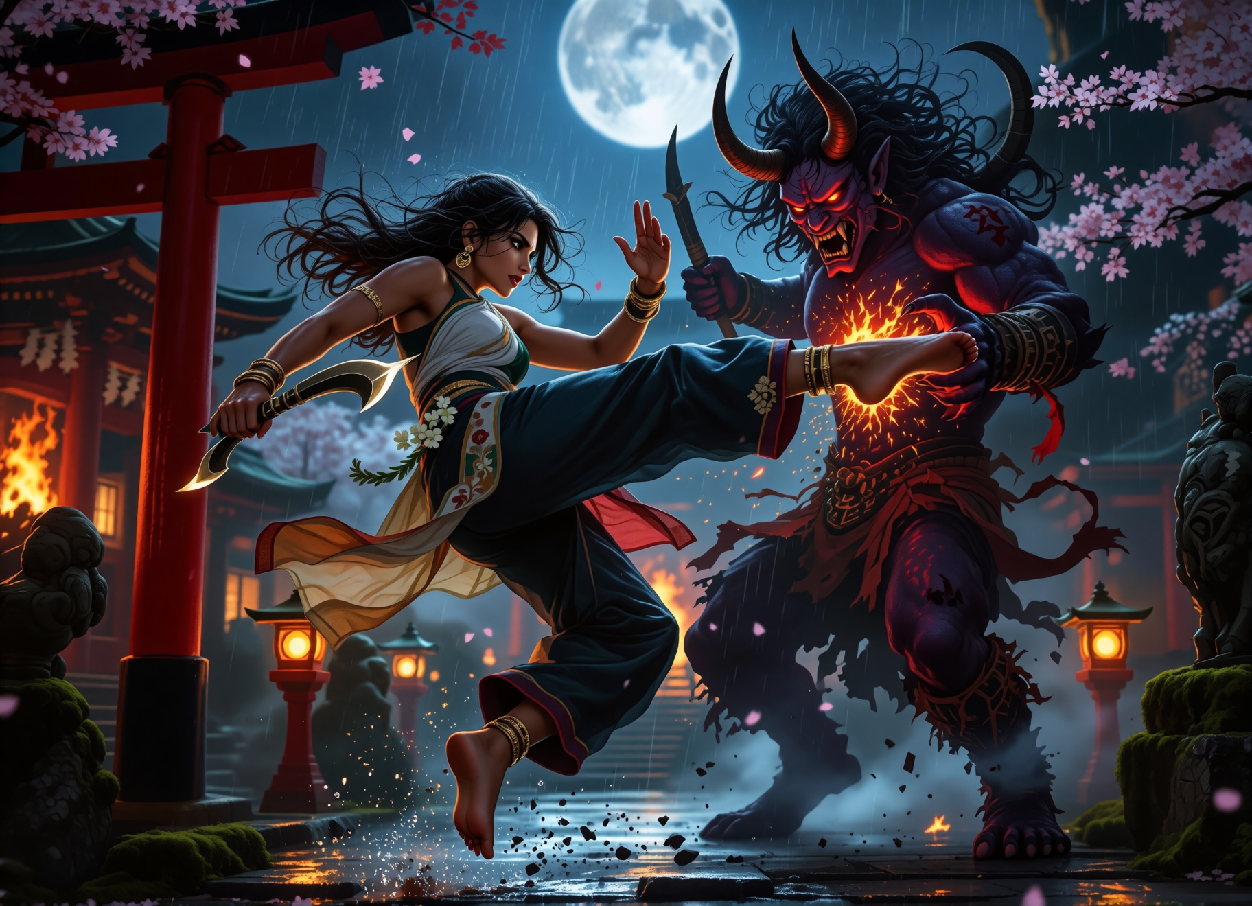 An epic cinematic fantasy action illustration of a fierce Indian woman trained in **Kalaripayattu**,  battling a terrifyin...