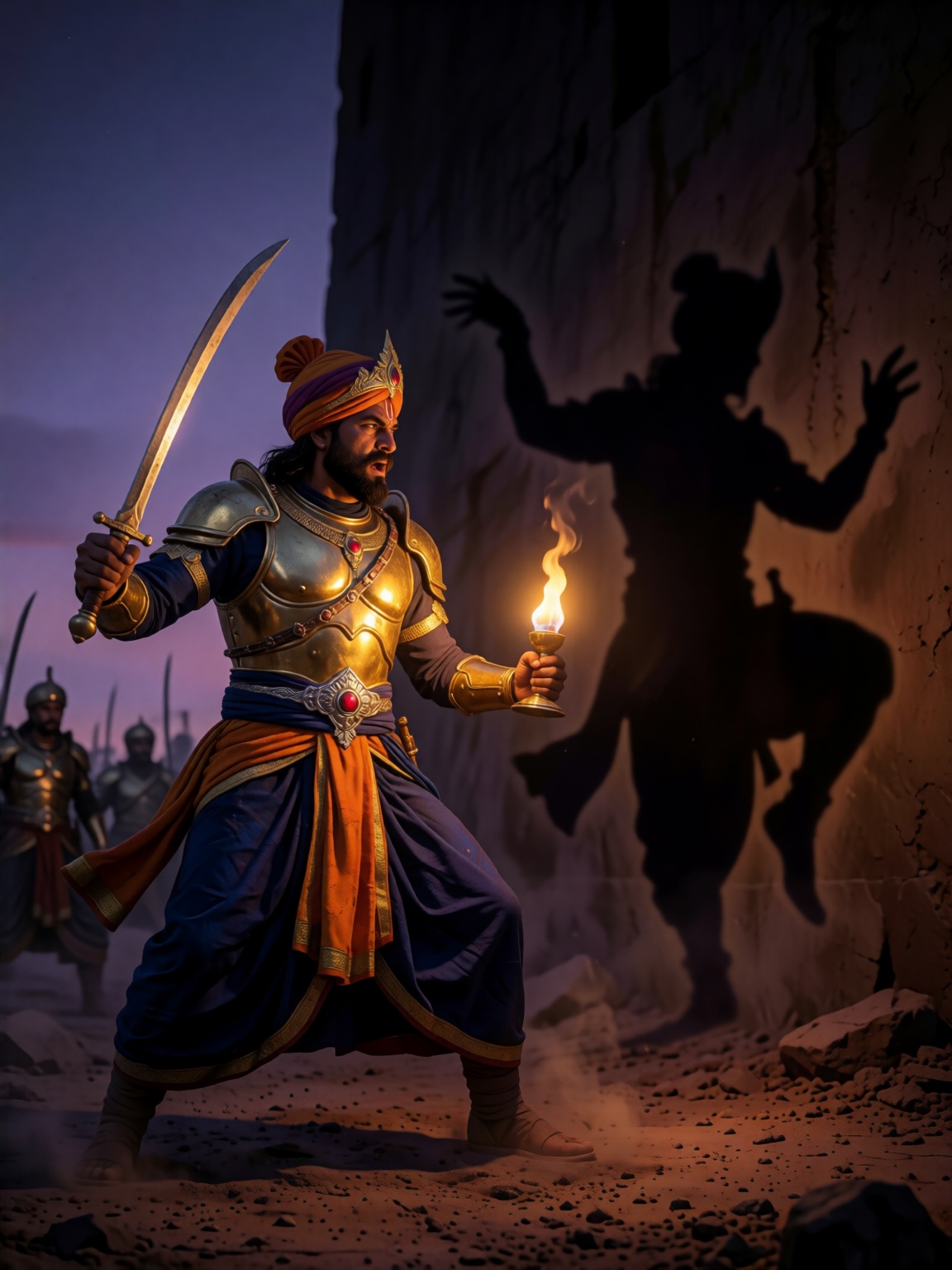 Photorealistic,  low-angle shot from a dusty battlefield at twilight. A powerful Hindu warrior stands facing left,  his bo...