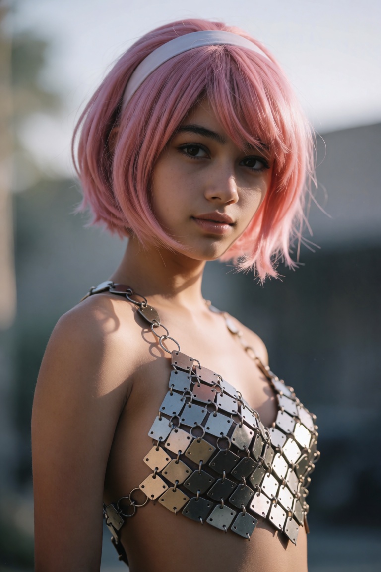 A close-up shot frames a slender 18-year-old girl with short,  vibrant pink bob cut hair held back by a white band,  ; her...