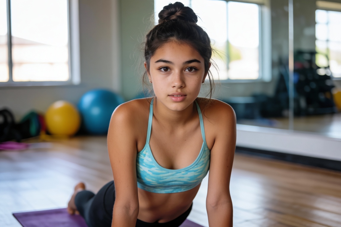 A portrait of a young woman in athletic gear,  hair in a tight bun,  posing in a yoga studio on Tensor.Art