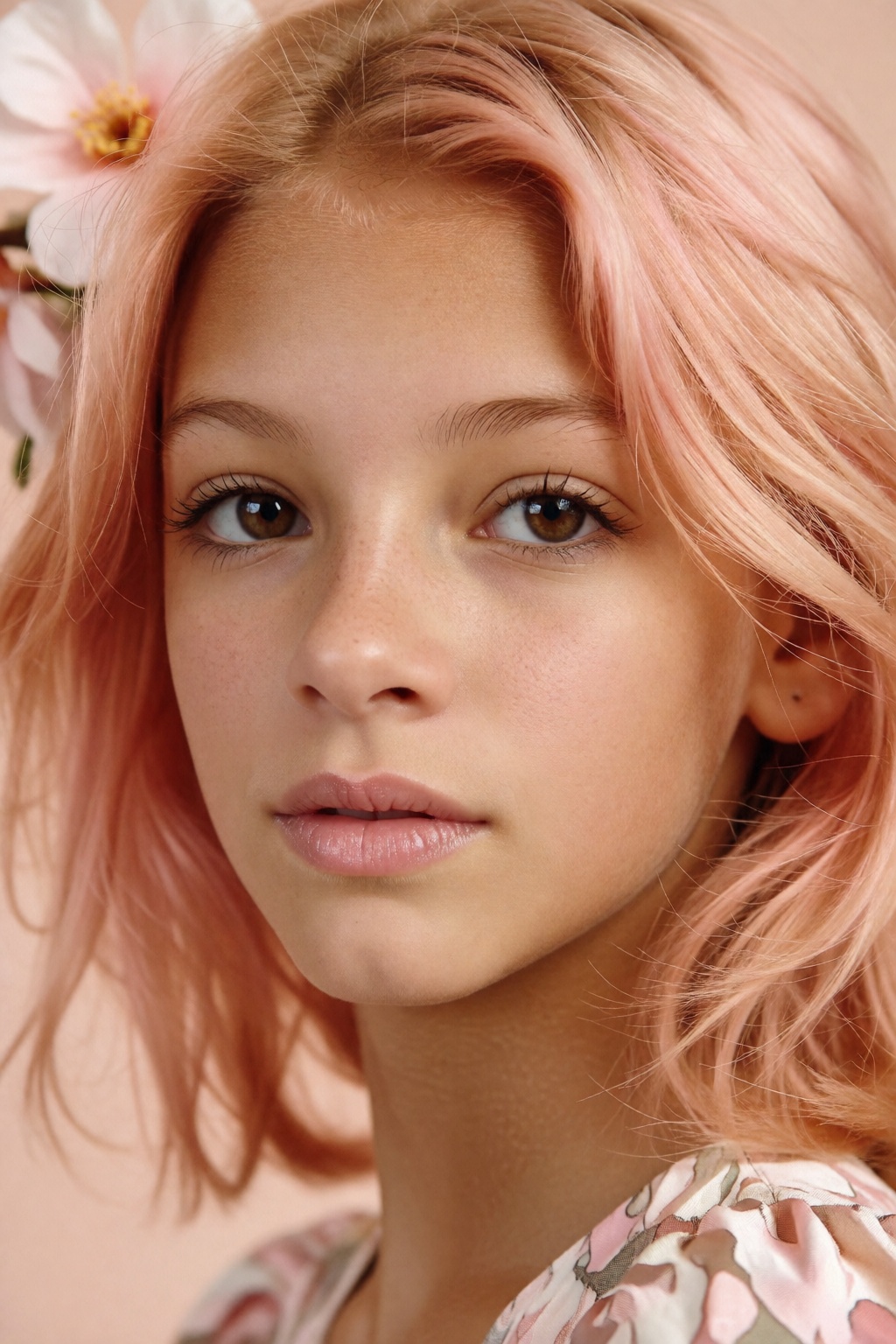 A hyperrealistic 8K fashion portrait of a young girl with smooth ivory skin and soft coral-pink hair,  her brown eyes gazi...
