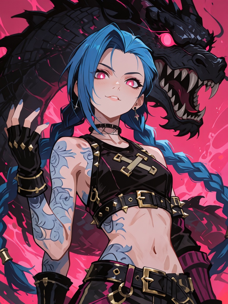 this digital anime-style artwork features a young woman with vibrant blue hair in twin braids,  wearing a black,  sleevele...