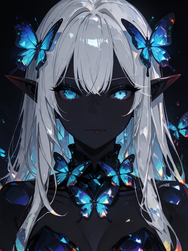 this is a digital anime-style illustration of a dark-skinned,  elf-like female character with long,  silver hair and point...