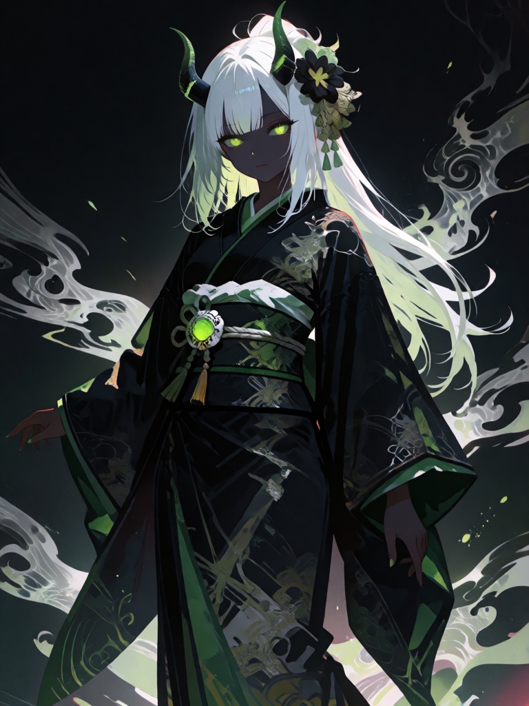 digital artwork of a dark-skinned,  anime-style female character with glowing green eyes and long,  white hair adorned wit...