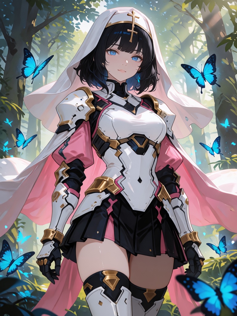 this is a digital anime-style illustration of a young woman with short,  wavy black hair and bright blue eyes,  she wears...