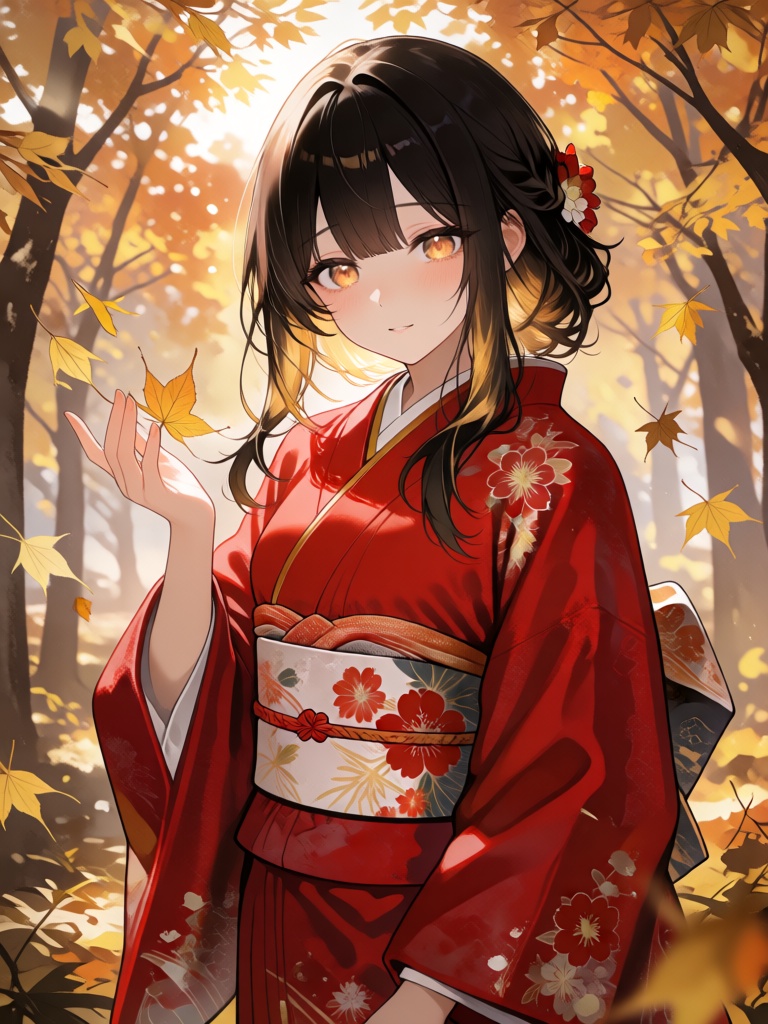 this is a digital anime-style illustration depicting a young woman standing in a forest during autumn,  she has long,  dar...