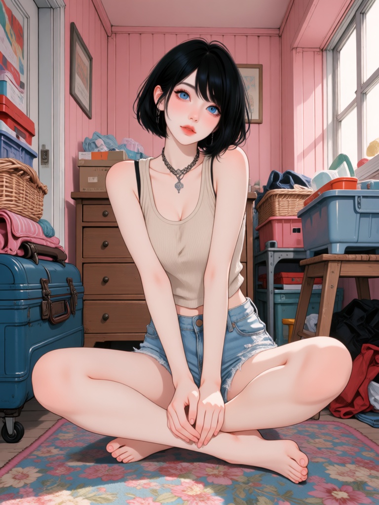 This is a digital anime-style illustration of a young woman with fair skin,  short black bob haircut,  and large on Tensor...