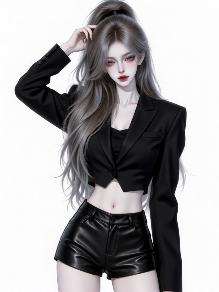 This is a digital illustration of a pale-skinned,  slender woman with long,  flowing silver-gray hair in a high ponytail....