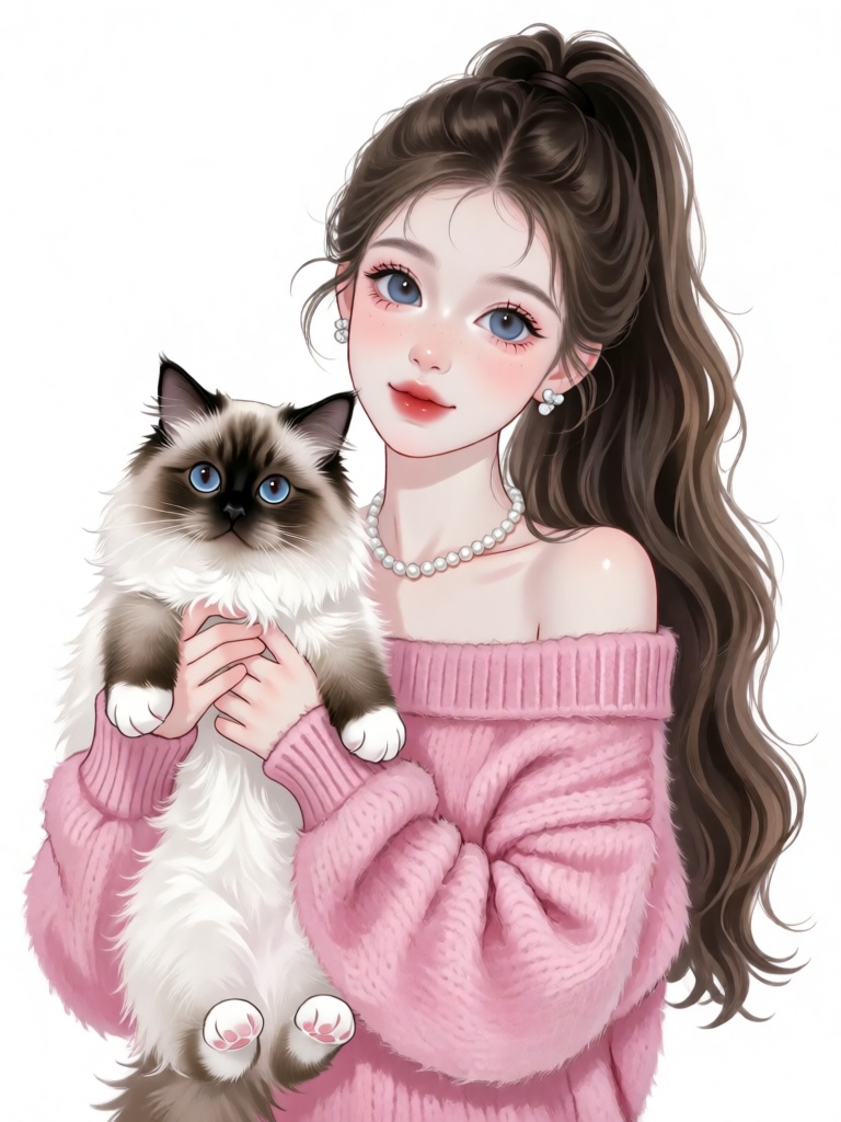 a digital illustration shoot from a portrait camera angle about a young woman holding a fluffy white and brown cat in her...