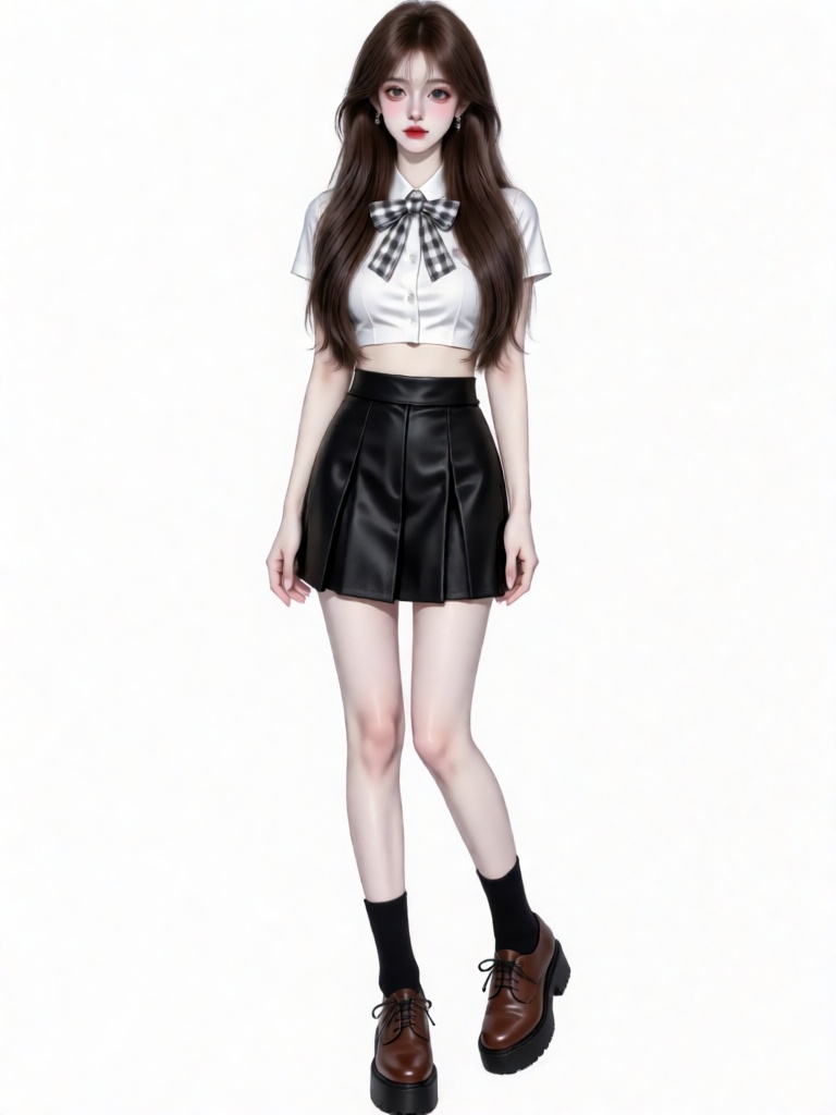 This is a digital illustration of a young woman with long,  straight brown hair and pale skin. She has red lipstick and su...
