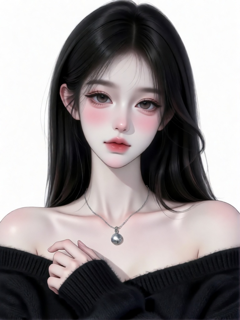 This is a digital illustration in a semi-realistic anime style. The subject is a young woman with pale skin,  large,  expr...