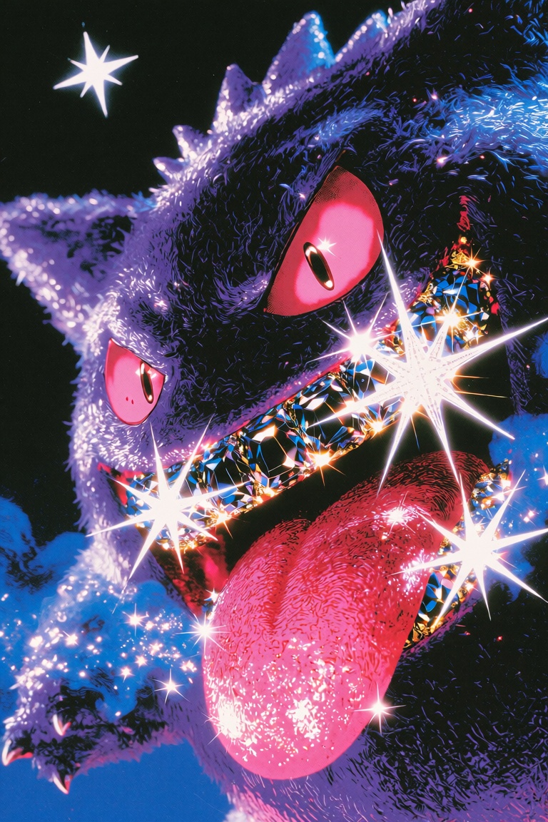 Gengar,  the Pokémon ghost-type creature,  fills the frame in an extreme close-up on a diagonal tilt on Tensor.Art