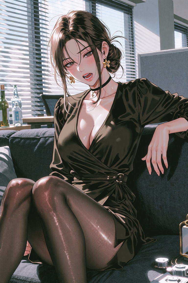 A young woman rendered in Korean manhwa webtoon style sits on a charcoal-grey sofa,  knees drawn together and tilted to on...