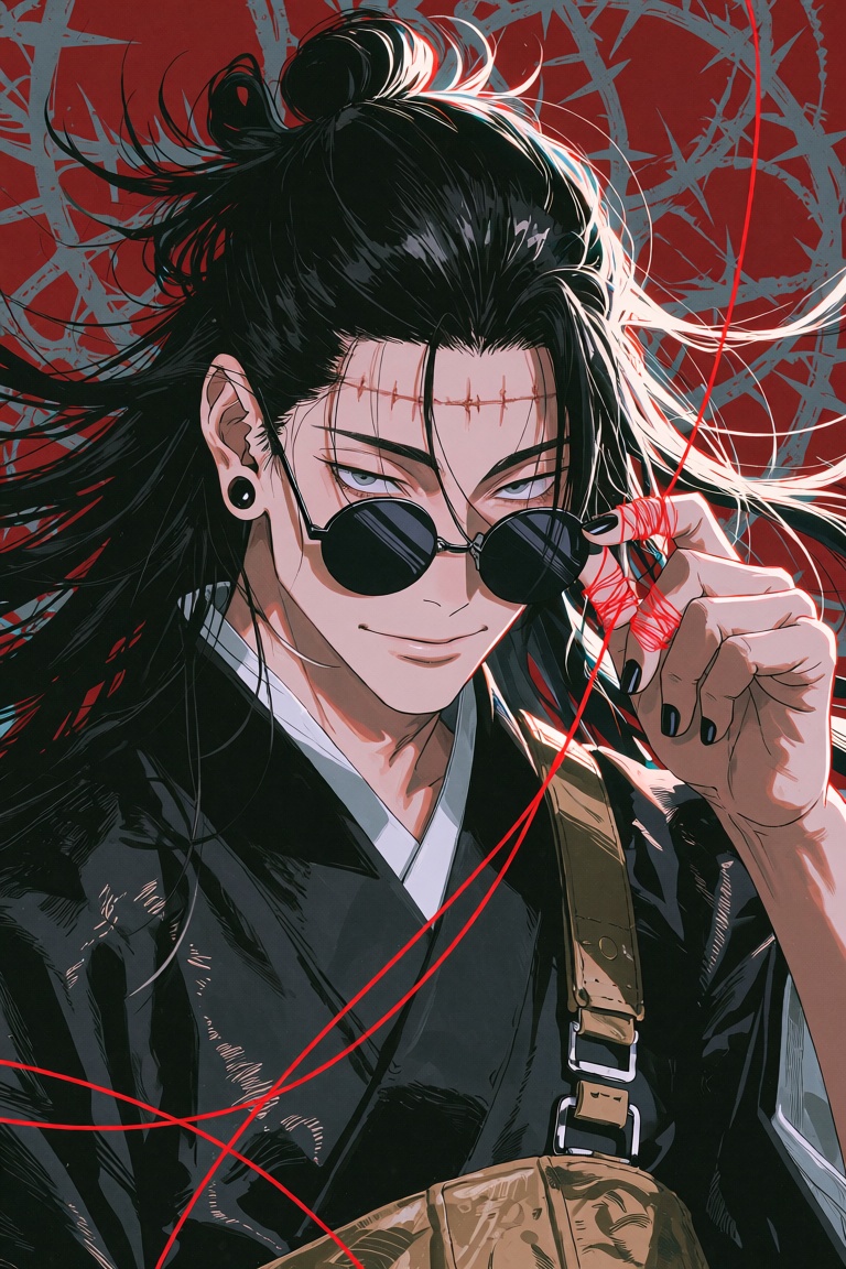 A man with very long black hair gathered in a messy topknot bun,  wild flying strands and long locks framing his face,  lo...