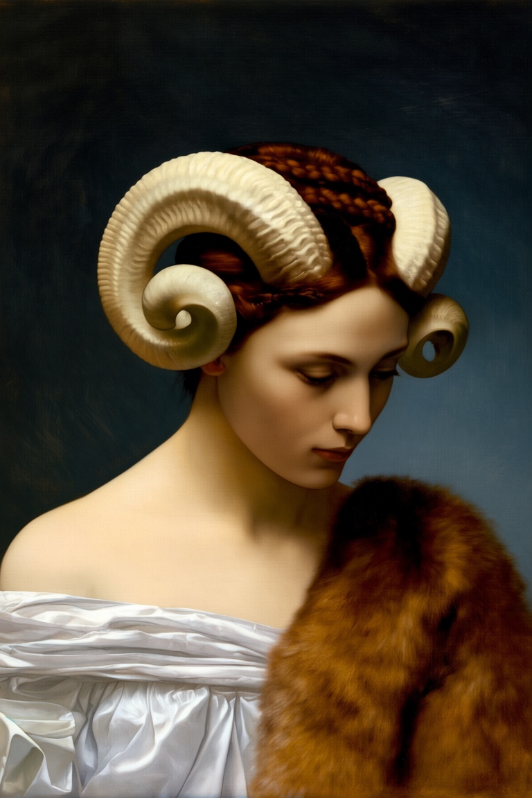 @g3r0m3 Visual Description The painting is a bust-length,  three-quarter view of a young woman with the curved,  spirallin...