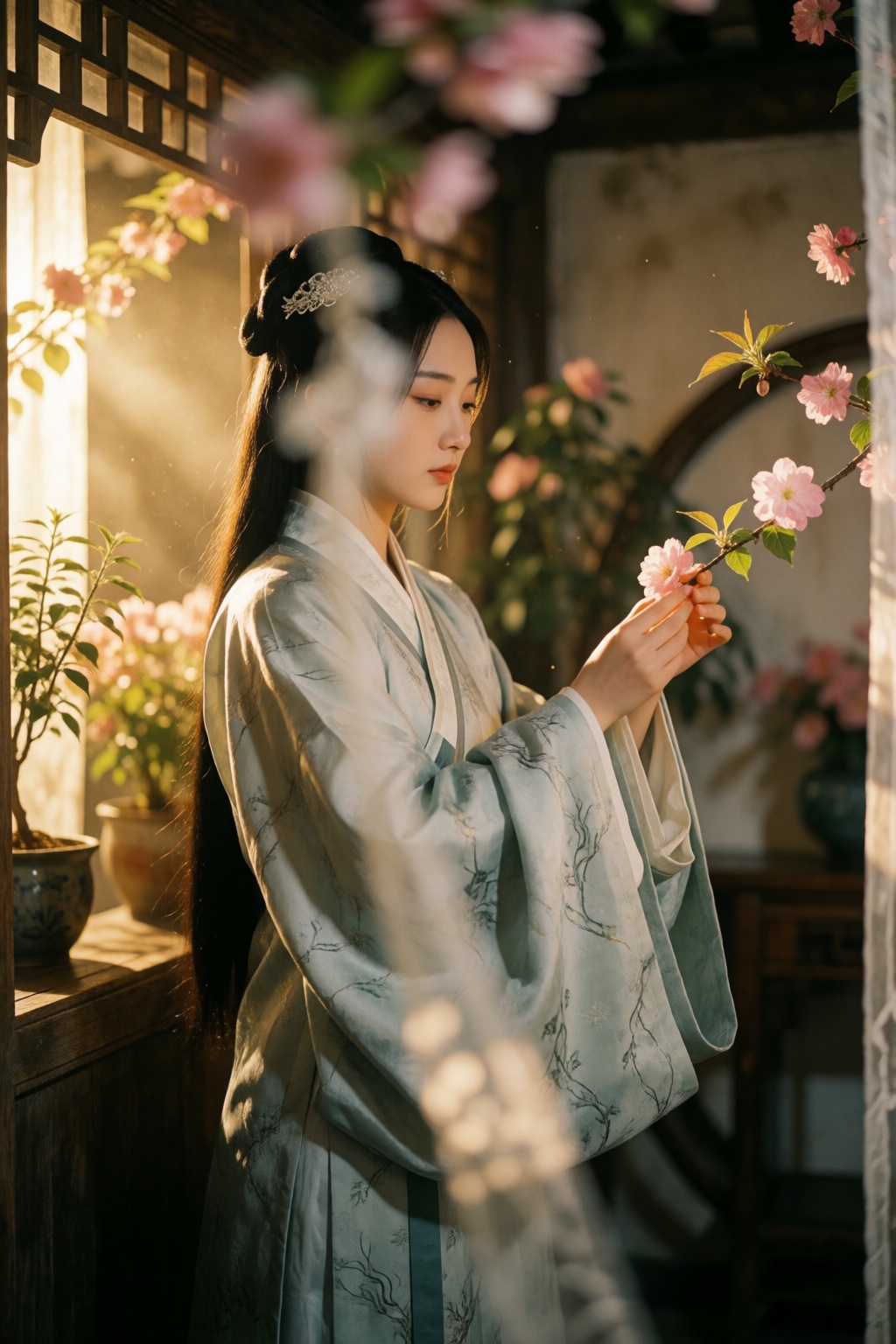 超写实真人古装电影画面,  一位年轻清秀的东方女子,  身穿浅青灰色、带细腻暗纹与丝绸质感的宽袖汉服 on Tensor.Art