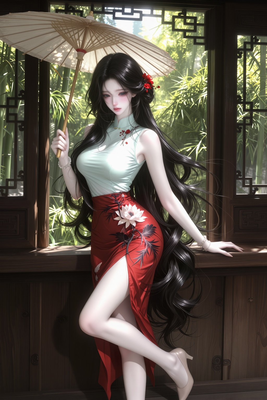 Wearing a deeply ethereal,  intensely atmospheric,  and highly romantic conceptual "New Chinese Style" inspired modern-tra...