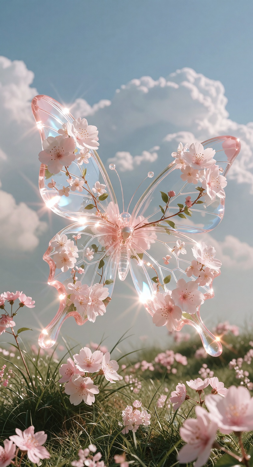 a delicate translucent glass butterfly sculpture decorated with soft pale pink cherry blossoms and tiny white flowers,  tr...