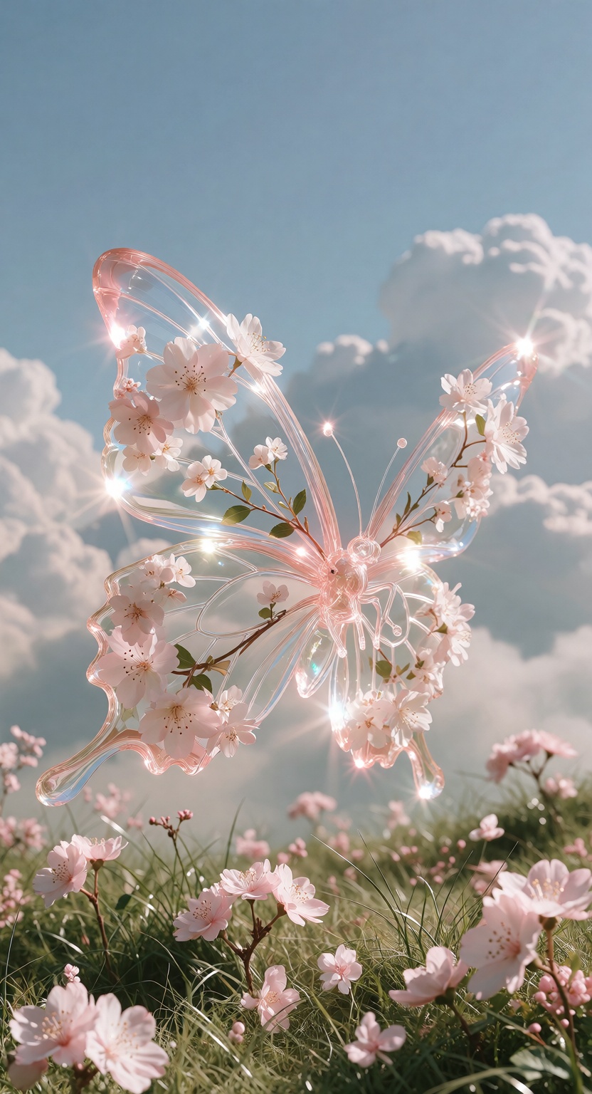 a delicate translucent glass butterfly sculpture decorated with soft pale pink cherry blossoms and tiny white flowers,  tr...