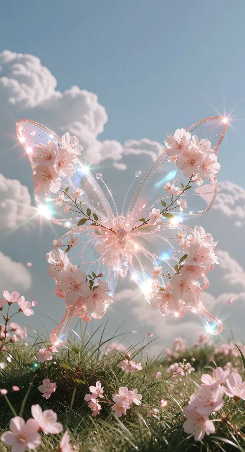 a delicate translucent glass butterfly sculpture decorated with soft pale pink cherry blossoms and tiny white flowers,  tr...