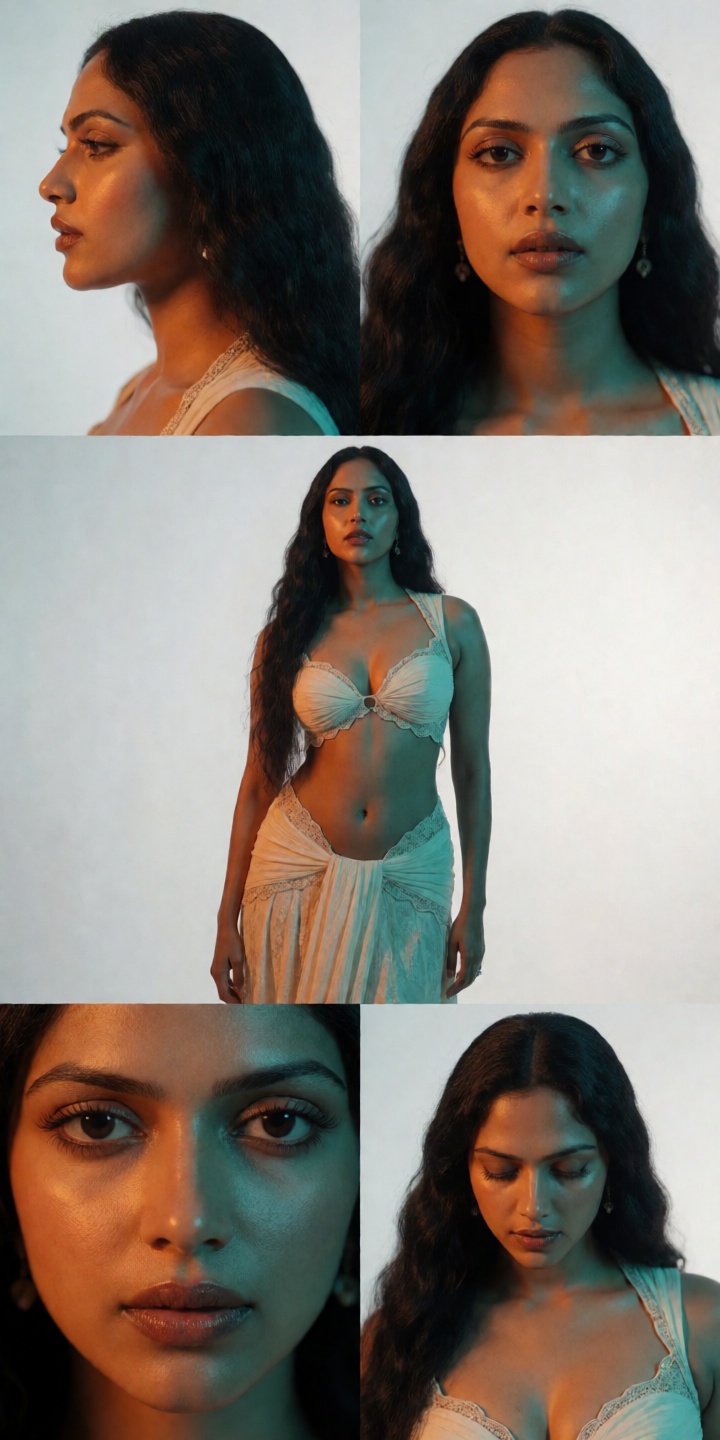 Low angle shot of a Mallu dark woman with an hourglass figure and perfect body structure. She strikes a seductive pose in...