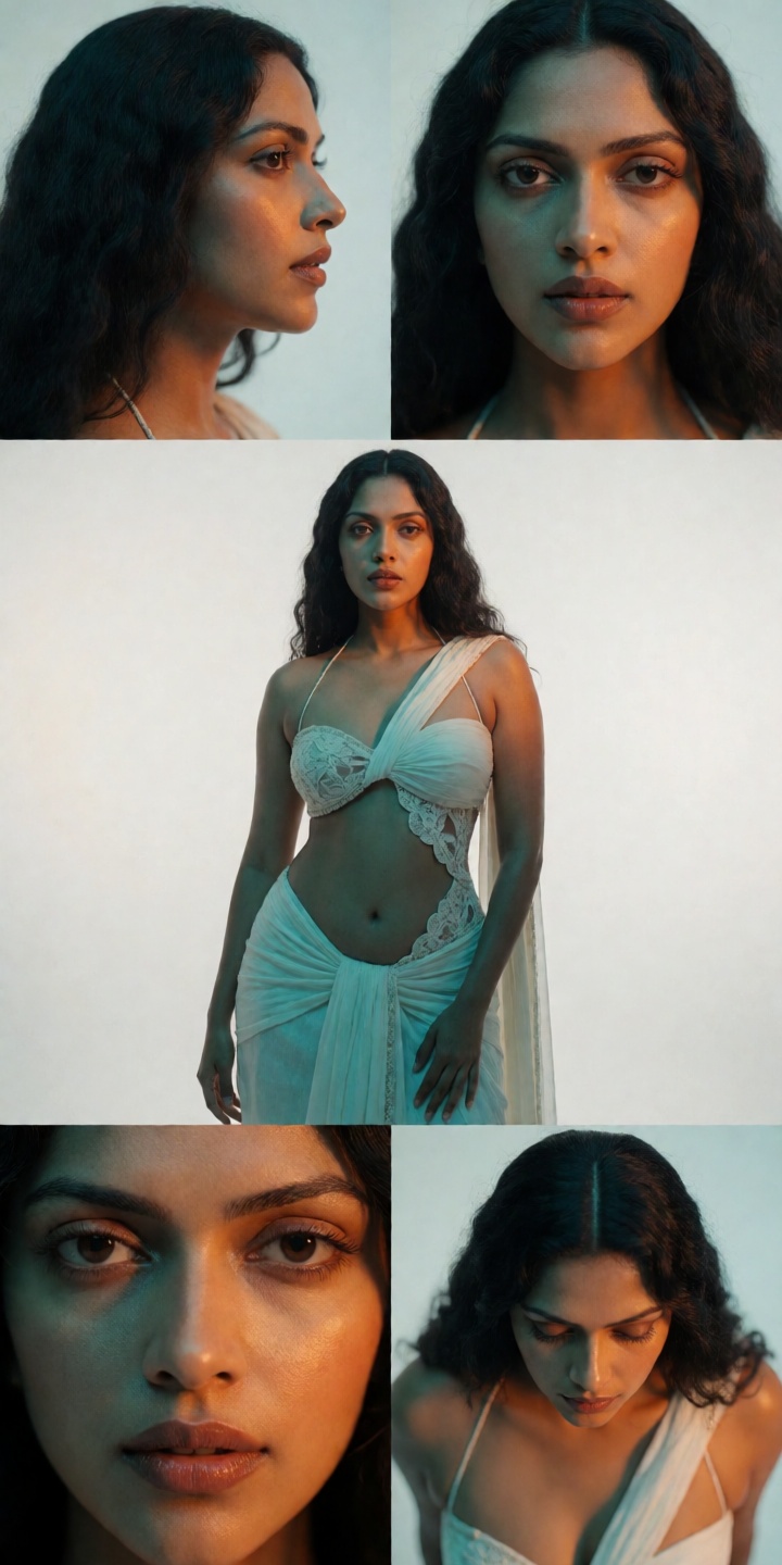 Create a photorealistic,  ultra-detailed,  masterpiece collage featuring a Mallu dark woman with an hourglass figure and p...