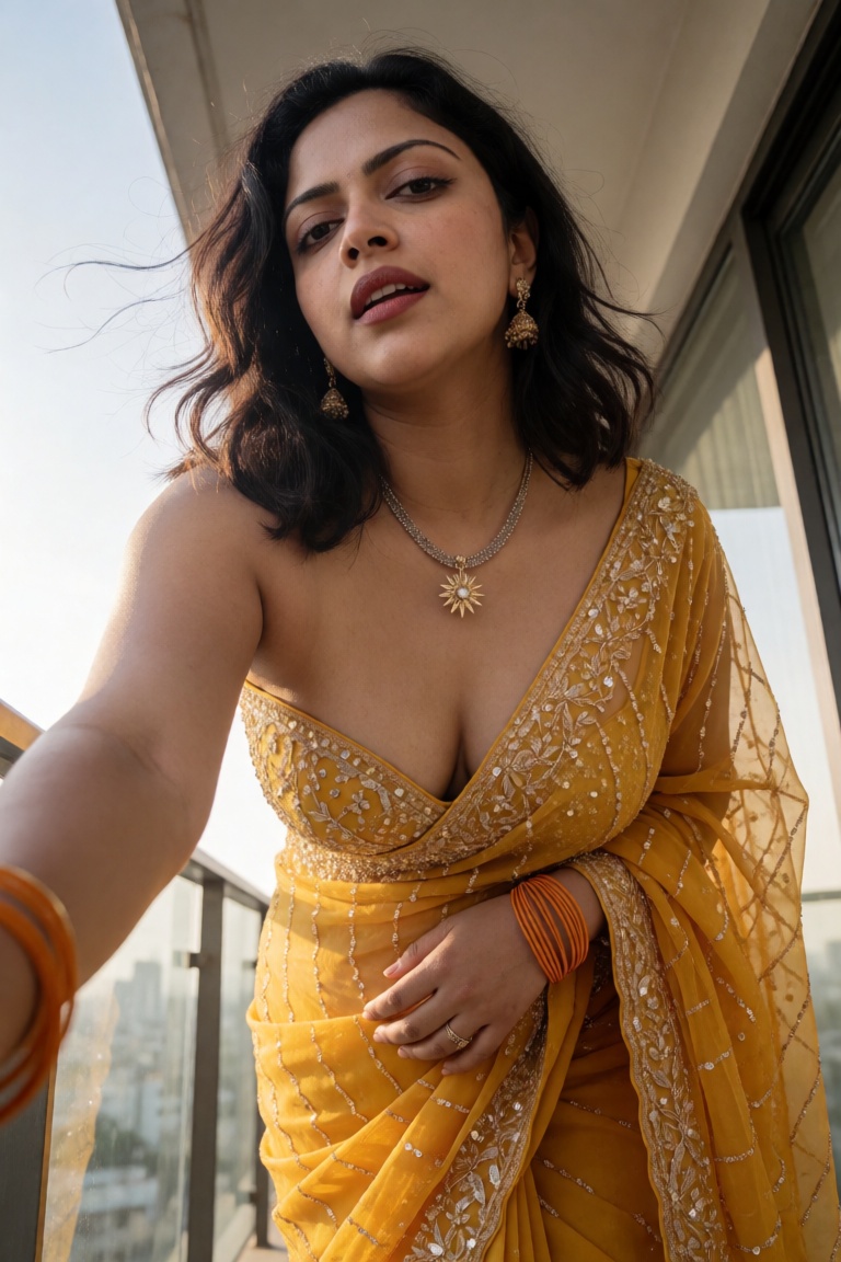 Cinematic photograph of a young South Asian woman with bend forward a side her midriff exposed navel show,  fair skin and...