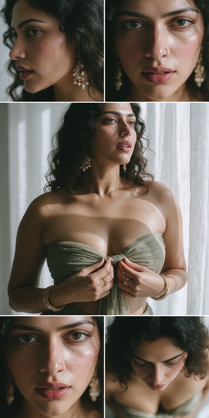 { "prompt": "Photorealistic intimate portrait of a beautiful Indian woman with medium-length wavy dark brown hair,  slight...