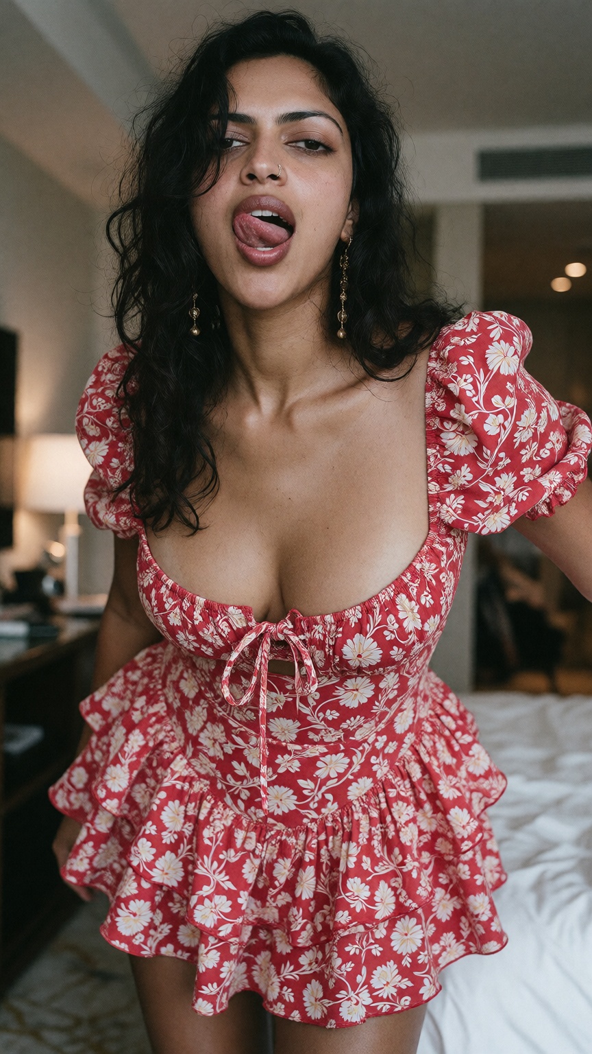Photograph of a 35yo woman with long wavy black hair and medium brown skin,  standing in a brightly lit room. Seductive ex...