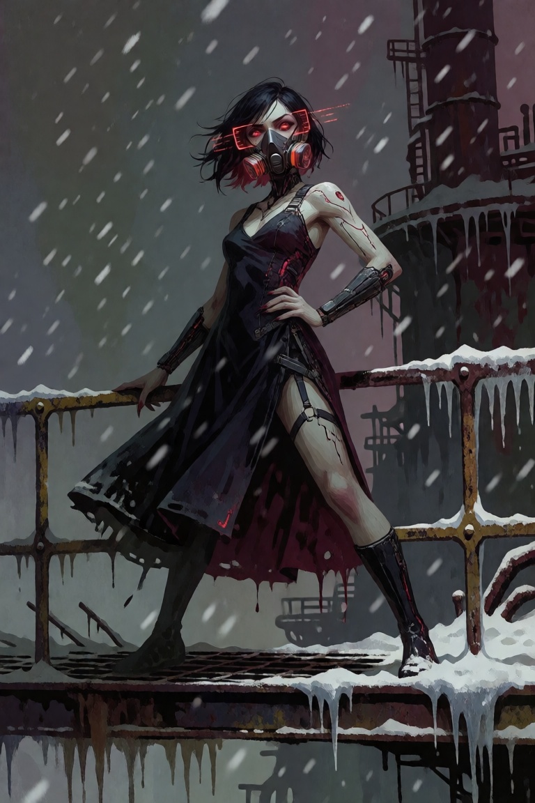Recontextualized into a post-apocalyptic cyber-gothic wasteland,  the vampiric woman stands on a snow-covered metal catwal...
