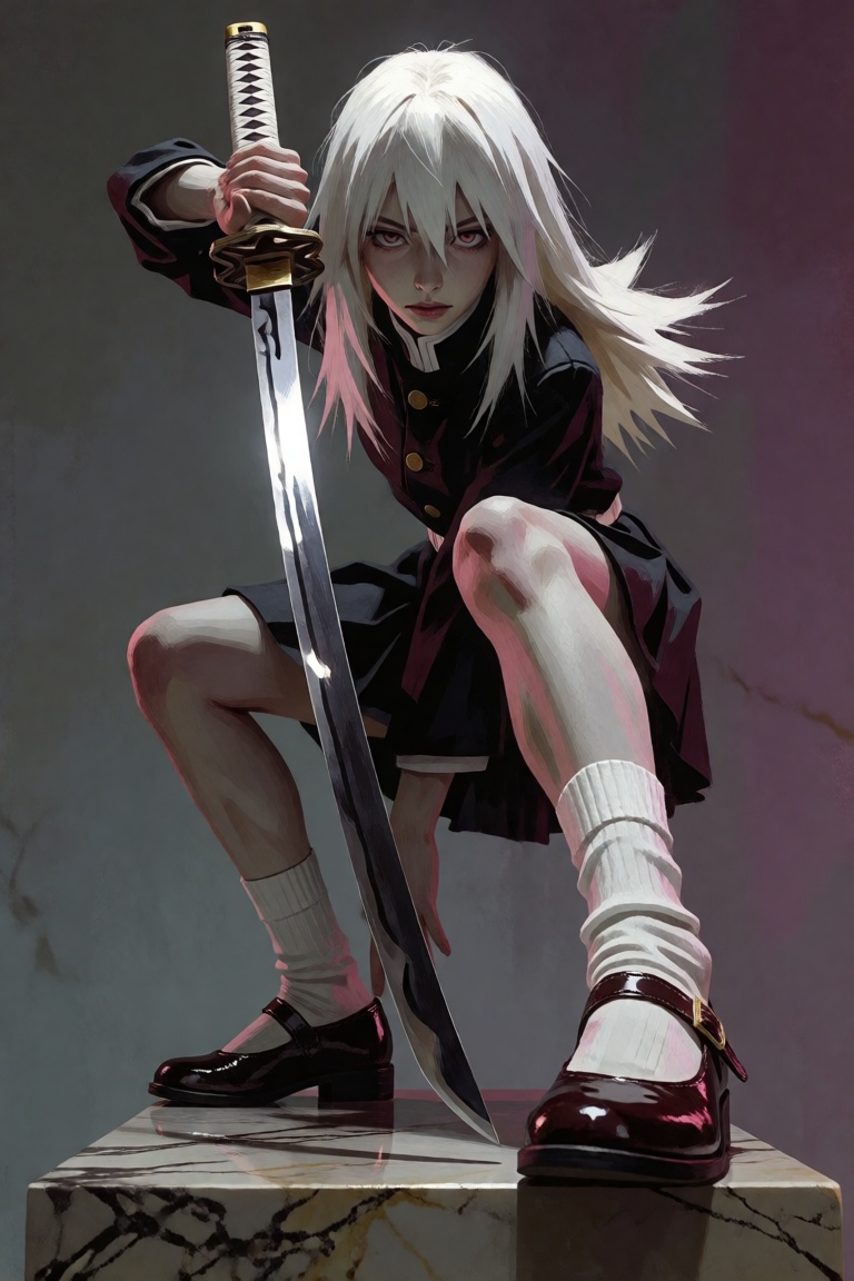 A full-body view shot from a dramatic low angle looking up captures a white-haired girl engaged in a high-concept characte...