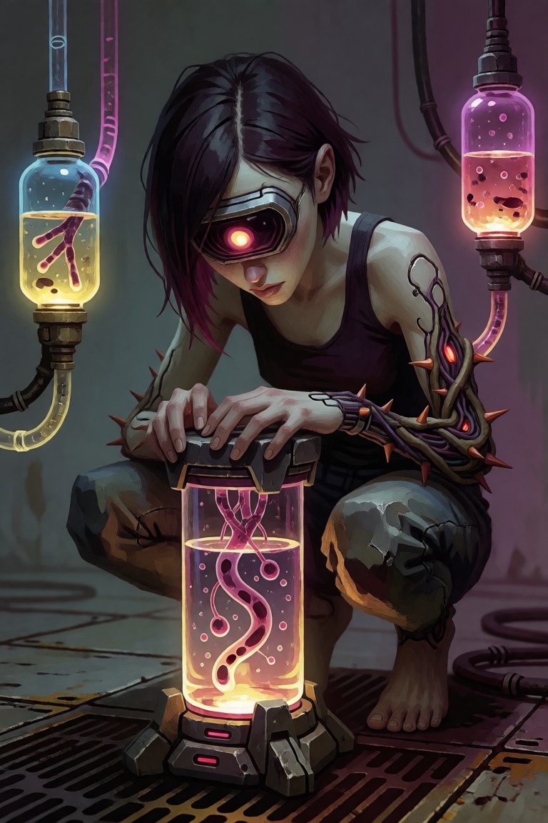 Recontextualized into a futuristic bio-engineering lab,  the cyclops girl squats on a metallic grid floor,  overseeing a s...