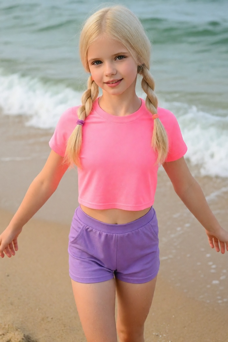 A young blonde girl stands on a sandy beach near ocean waves. She looks at the camera with a slight smile. Her arms are sl...