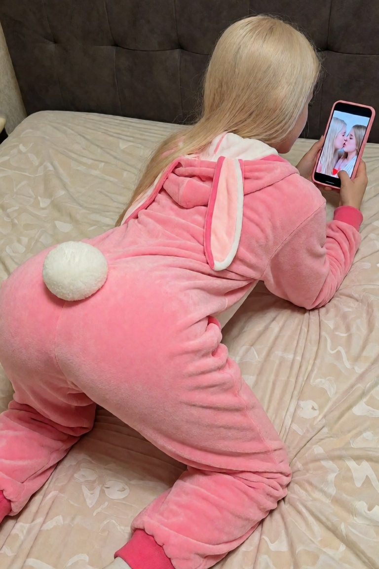 A blonde girl laying on her bed on her stomach with bending legs at knee level,  wearing only her fitting Rabbit onesie,...