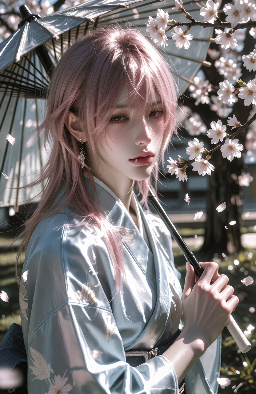 Alone,  ((women)),  standing under a blooming cherry blossom tree on Tensor.Art