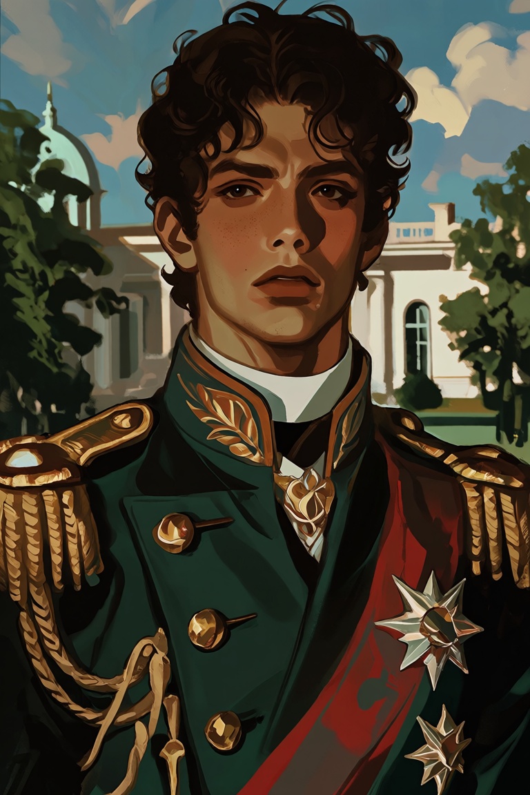 a young,  handsome man with dark curly hair and brown eyes,  standing outdoors. He has a strong on Tensor.Art